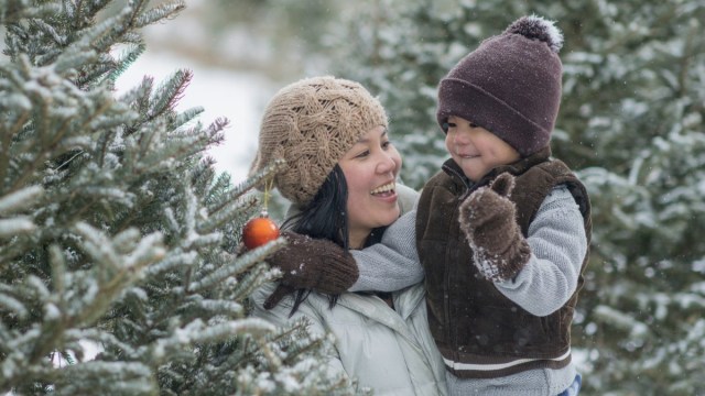 a mom and son put an ornament on a snowy christmas tree at a nearby christmas tree farm
