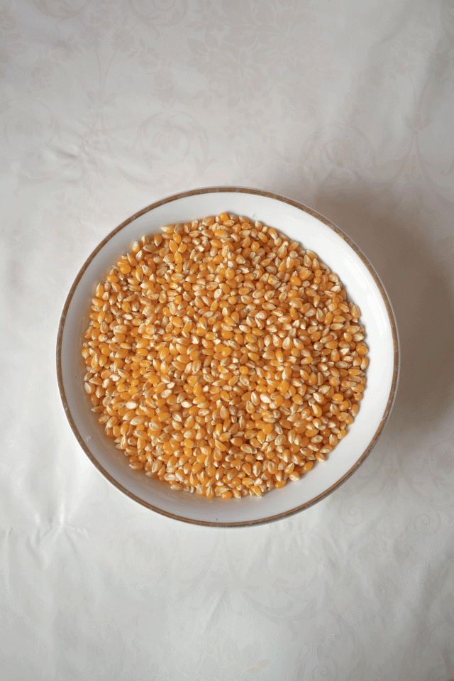 A silver bowl filled with corn kernels for a sensory activity