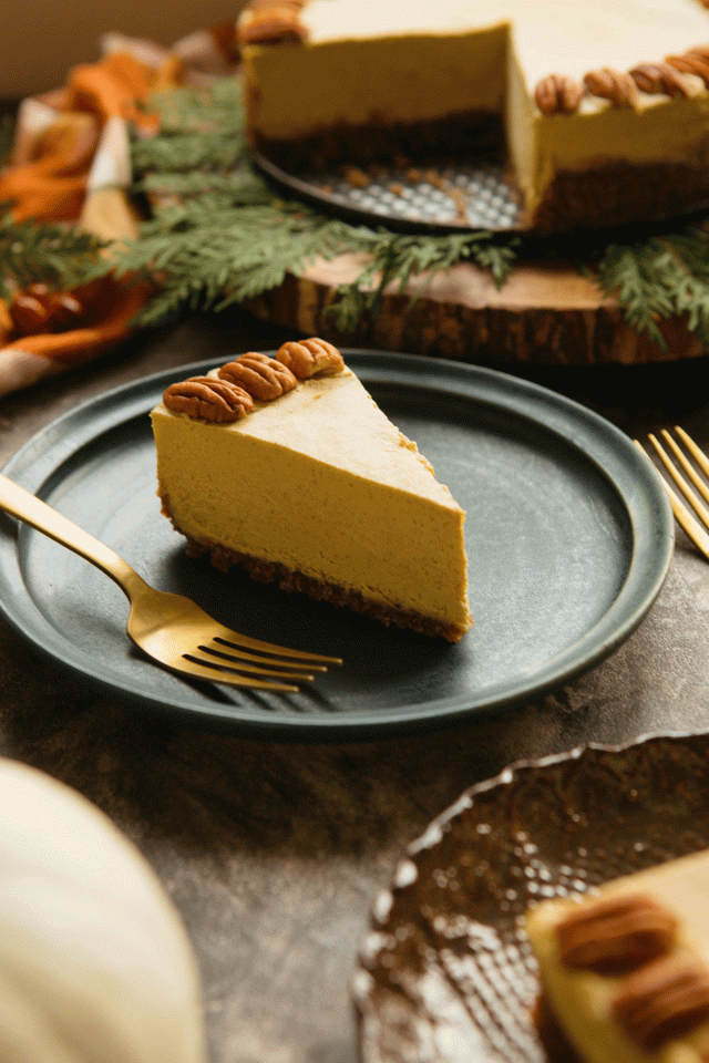 A piece of vegan pumpkin cheesecake sits on a plate next to a fork