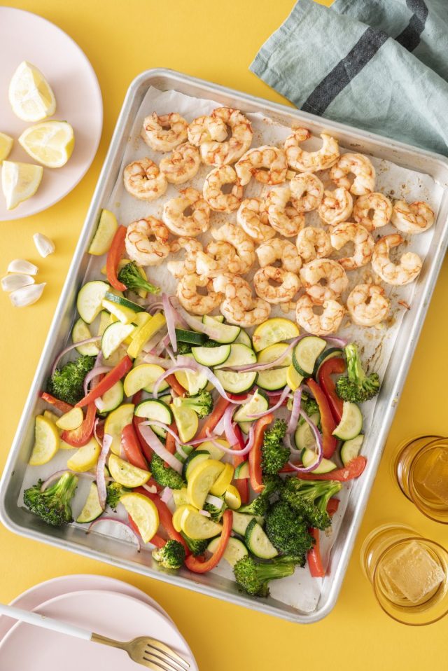 Shrimp and veggies made in a sheet pan for a quick, easy and cheap dinner