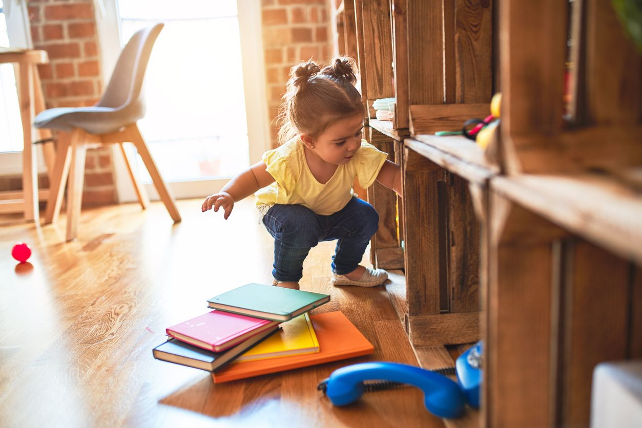 Kid Room with Stacked Book Ledges - Transitional - Girl's Room