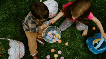 kids going through Easter eggs and telling Easter jokes