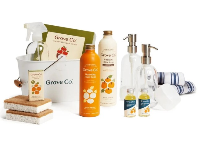 grove collective non-toxic cleaning products with sponges and cleaning bucket