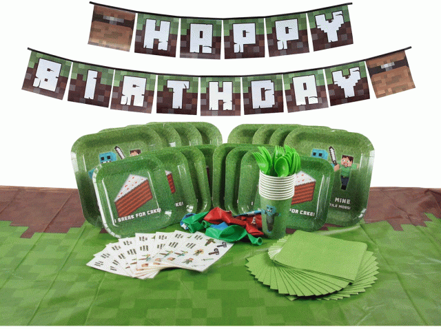 Green plates, napkins and other decorations for a Minecraft birthday party