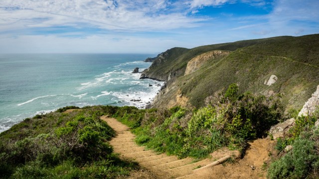 A hiking trail winds along a Marin coast