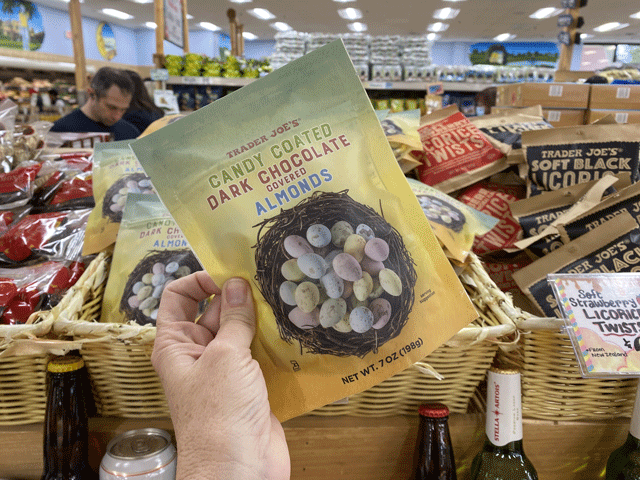 These dark chocolate covered almonds are some of Trader Joe's new items for spring