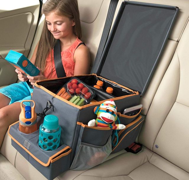 girl in car with car organization ready for road trip