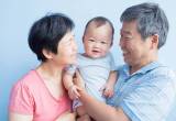 Two asian grandparents hold and smile at their grandchild between them