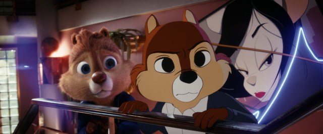 Chip and Dale look wide eyed toward the camera
