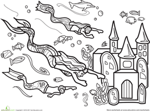 mermaids swimming to the underwater castle coloring page