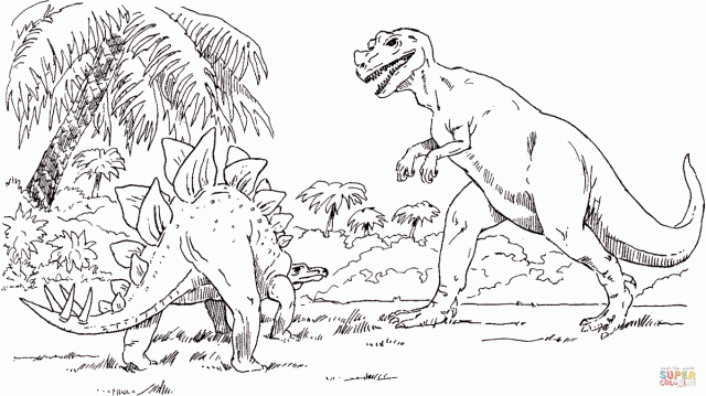 T-rex and stegosaurus coloring page