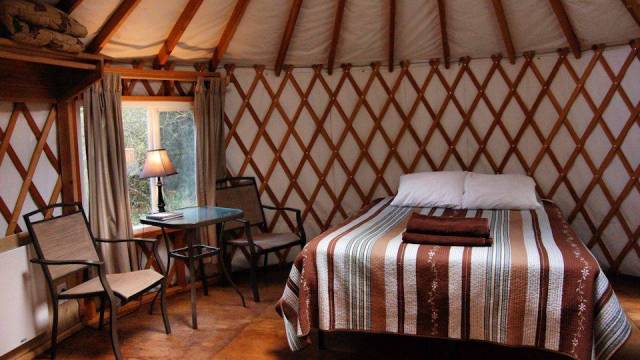 the interior of a yurt camping washington at doe bay resort