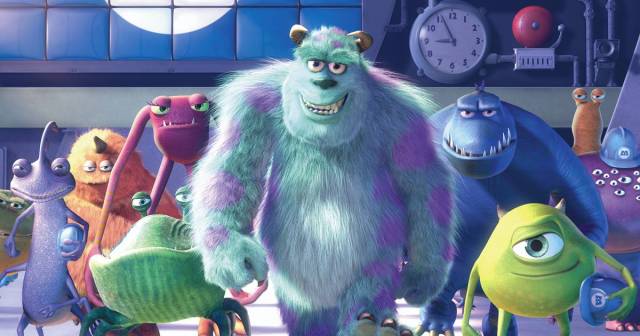 A group of Monsters stride confidently through the Monsters Inc factory