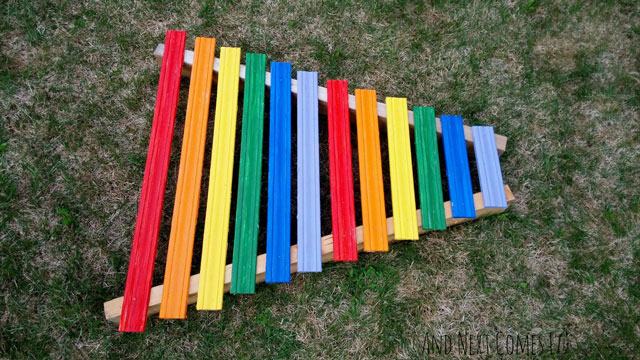 a picture of a rainbow xylophone, a DIY instrument you can make at home