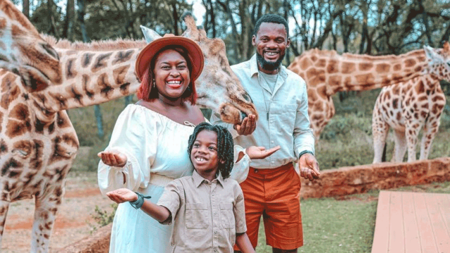 Family at Giraffe Manor in Africa on family vacation