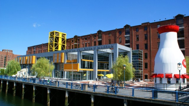 the exterior of the Boston Children's Museum on a sunny day with the large milk container