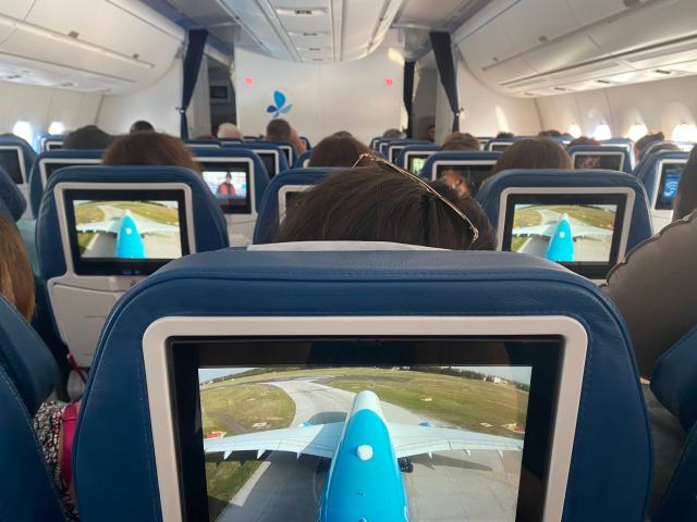 View of screens of French bee flight to Paris with kids