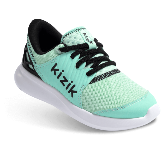 teal kids athletic shoe with black laces