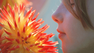 A girl smells a flower on Labor Day Weekend at the Portland Dahlia Festival