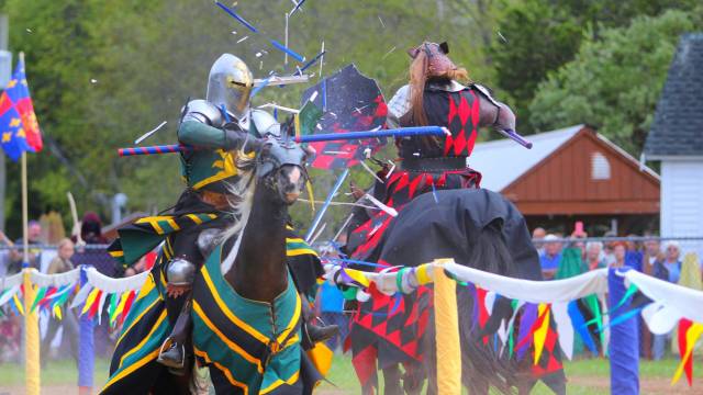 Knights joust and hit poles as the horses pass by each other at a renaissance faire