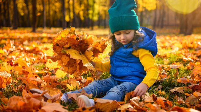 child sitting in a pile of fall leaves
