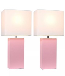 two lamps with pink bases and white shades