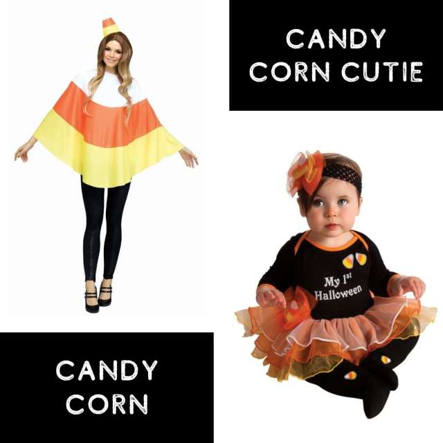 Woman in candy corn poncho and infant in onesie tutu