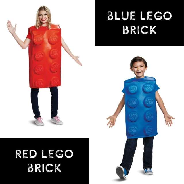 Red and blue LEGO brick costumes