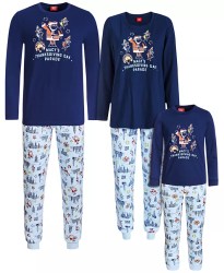 three sets of blue pajamas