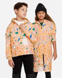 two children modeling orange printed rain jackets