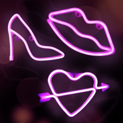 neon art in shape of a shoe, a heart, and a set of lips