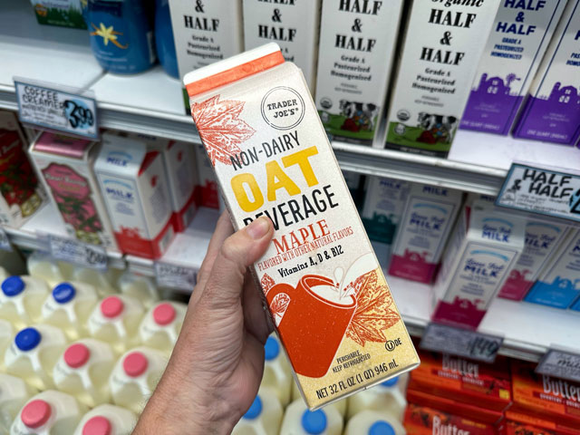 Non-dairy maple oat beverage is a Trader Joe's fall item