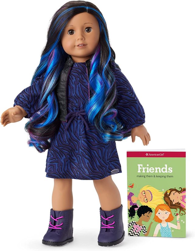 American Girl doll with black and blue hair