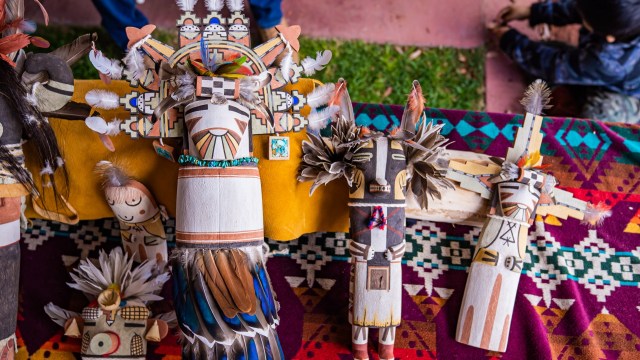 Colorful Native American crafts laid out on a table.