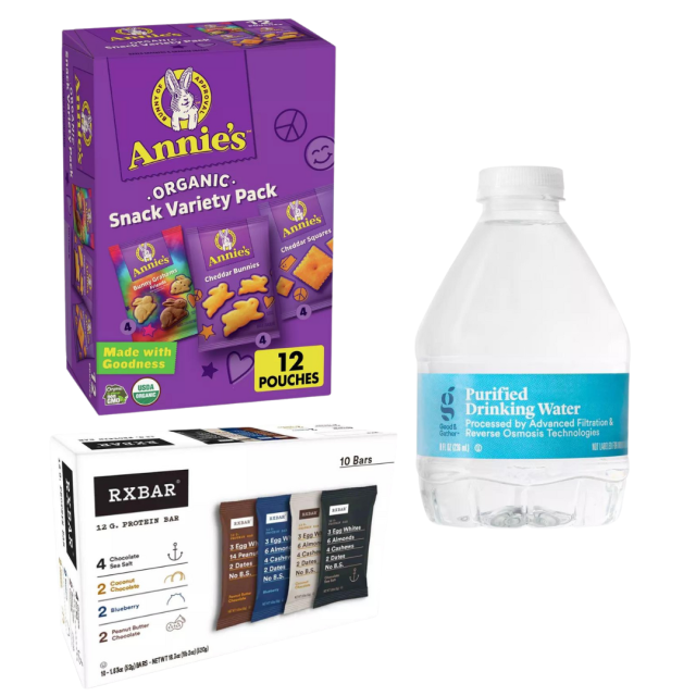 Collage of mini bottled water, Annie's snack crackers, and RXBars
