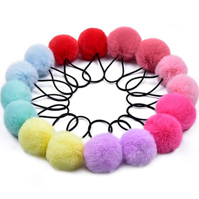 Set of multi-colored pom pom hair ties