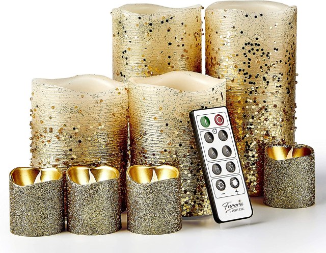 Set of 8 gold sequined flameless candles
