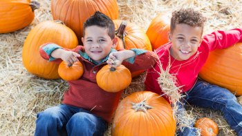two kids playing in a pumpkin patch in la