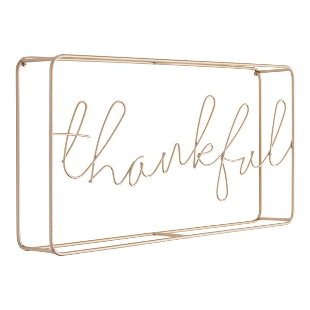 Square brass wire sign that says Thankful