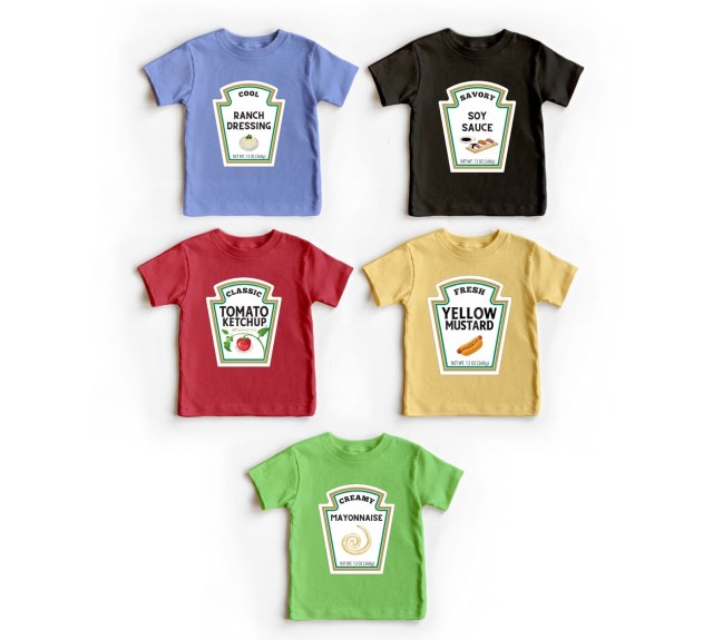 Five t-shirts with condiment labels