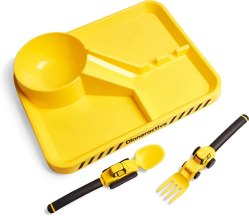Construction-themed plate, fork, and spoon