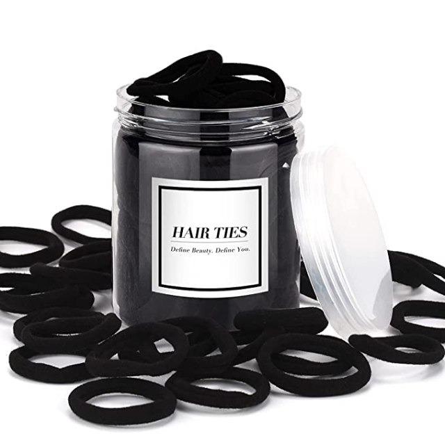 Jar of black hair ponytail holders