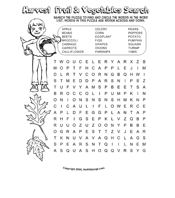 This harvest fruit and veggie word search is a fun Thanksgiving activity sheet