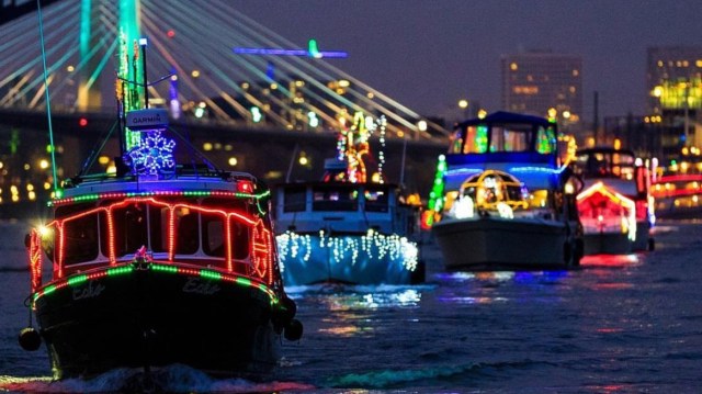 lighted boats along the rivers in Portland for the Christmas Ships parade