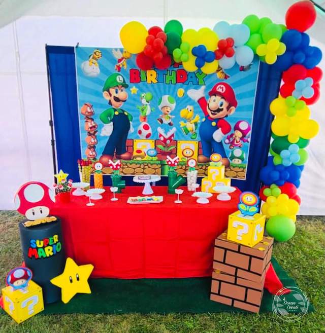 A picture of a super mario themed party, a good kids birthday party idea