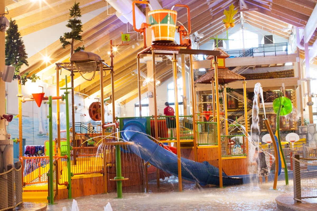 Fort Mackenzie water slides and play structure are colorful at the Great Wolf Lodge outside of Boston one of the best hotels in boston for families