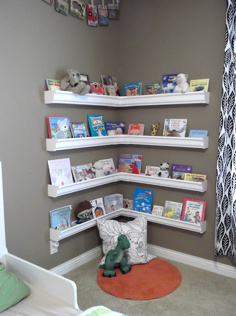 reading nook made with corner shelves