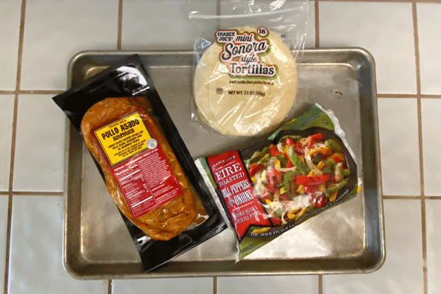 Pollo Asado, fire roasted veggies and tortillas for Trader Joe's sheet pan dinners. 