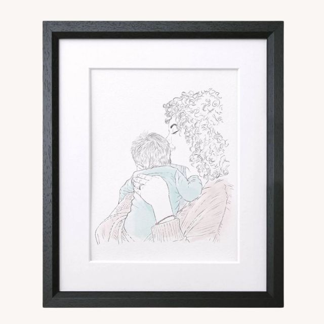 hand illustrated framed portrait of mother holding baby