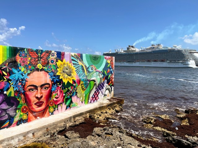 Mural of Mexican inspirations in foreground. Background is Sky Princess cruise ship in waters of Costa Maya, Mexico.